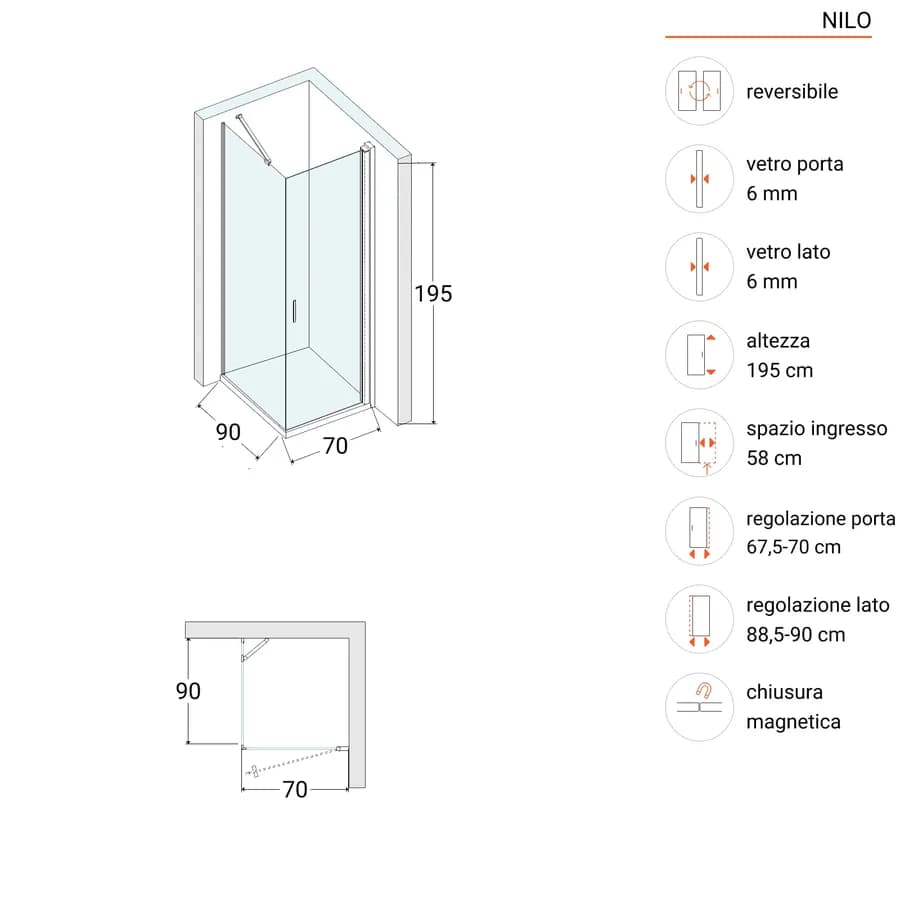 Box doccia 90x70 cm battente in vetro temperato trasparente con profilo nero 195h - Nilo