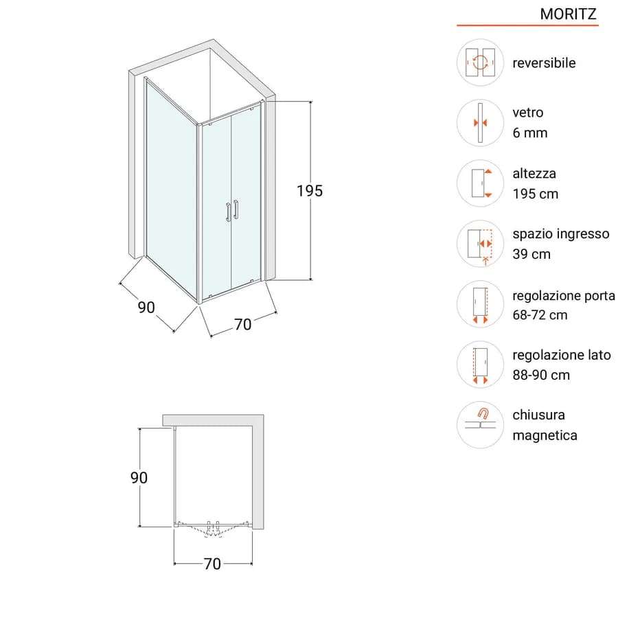 Box doccia 90x70 cm doppio battente vetro trasparente anticalcare profilo cromo 195h - Moritz