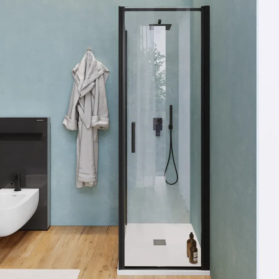Box doccia 90X80 cm lato fisso specchiato con battente e profilo nero 200h - Artego Duo