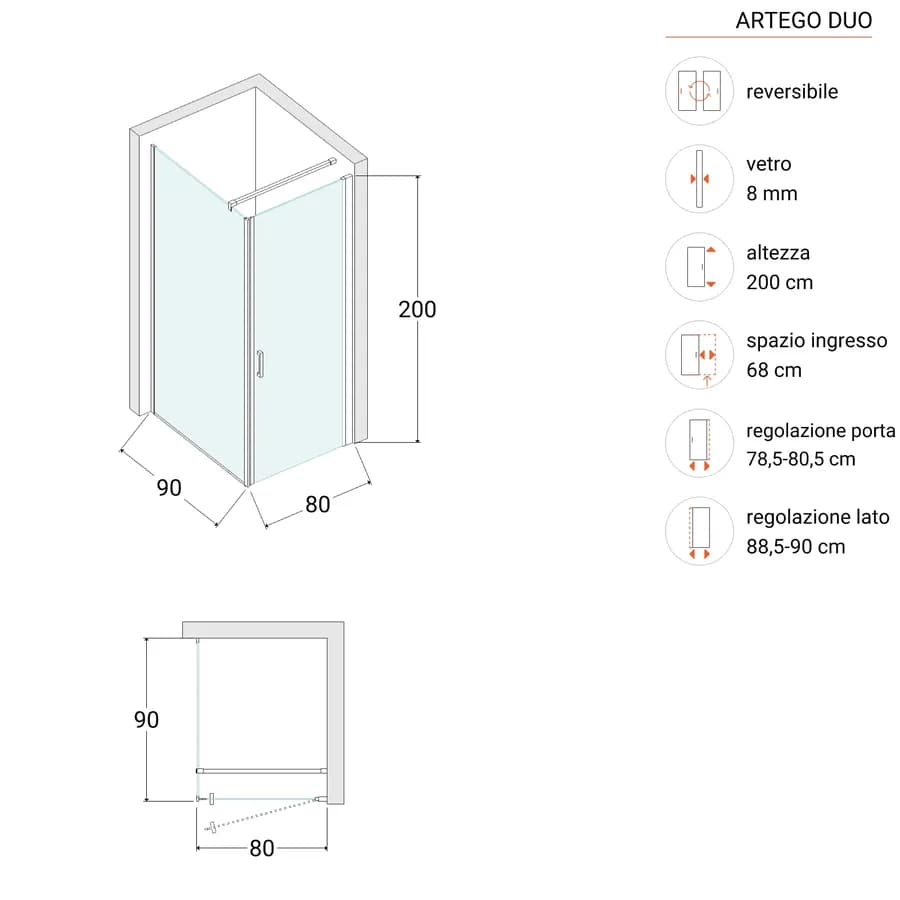 Box doccia 90X80 cm lato fisso specchiato con battente e profilo nero 200h - Artego Duo