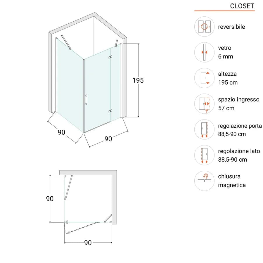 Box doccia 90x90 cm battente vetro temperato anticalcare 195h - Closet