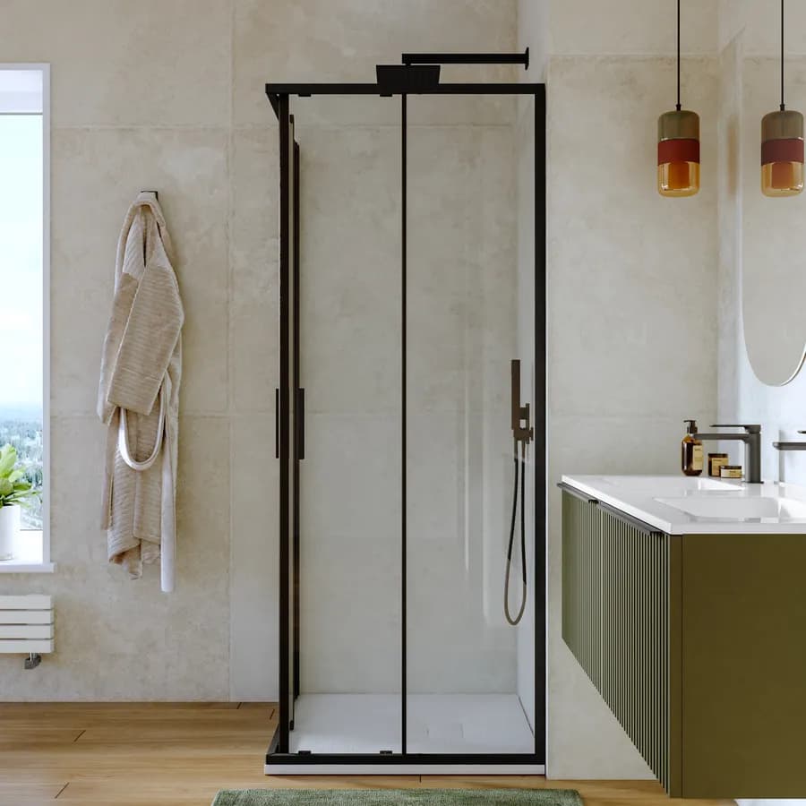 Box doccia 90x90 cm angolare scorrevole con vetro slim trasparente e profilo nero opaco 195h - Glide