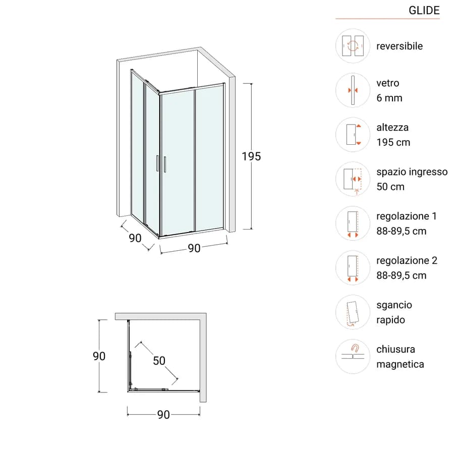 Box doccia 90x90 cm angolare scorrevole con vetro slim trasparente e profilo nero opaco 195h - Glide
