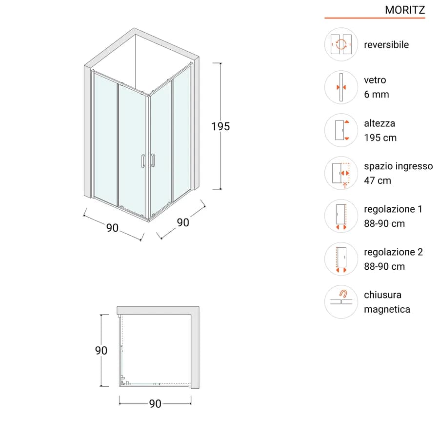 Box doccia 90x90 cm angolare scorrevole vetro trasparente anticalcare e profilo cromo 195h - Moritz