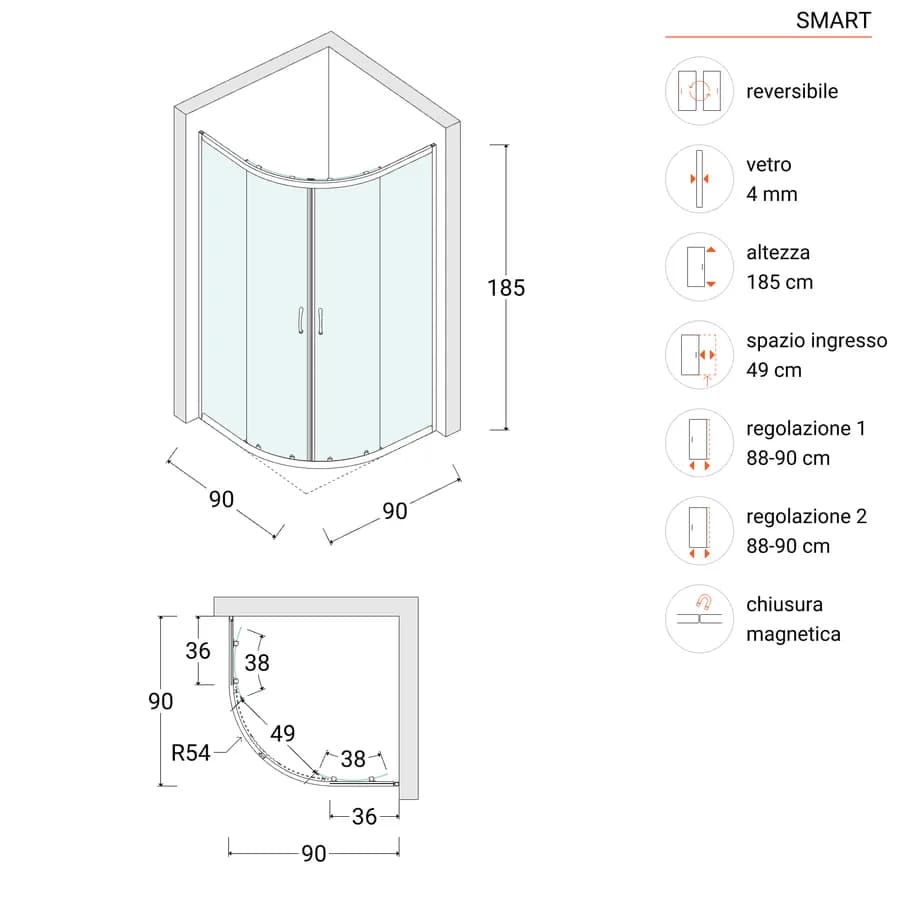 Box doccia 90x90 cm pannello acrilico semicircolare struttura pvc e apertura scorrevole
