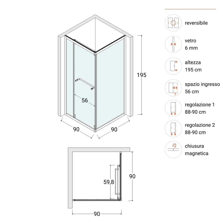 Box doccia 90x90 cm rototraslante con vetro temperato trasparente e profilo nero 195h - Nook