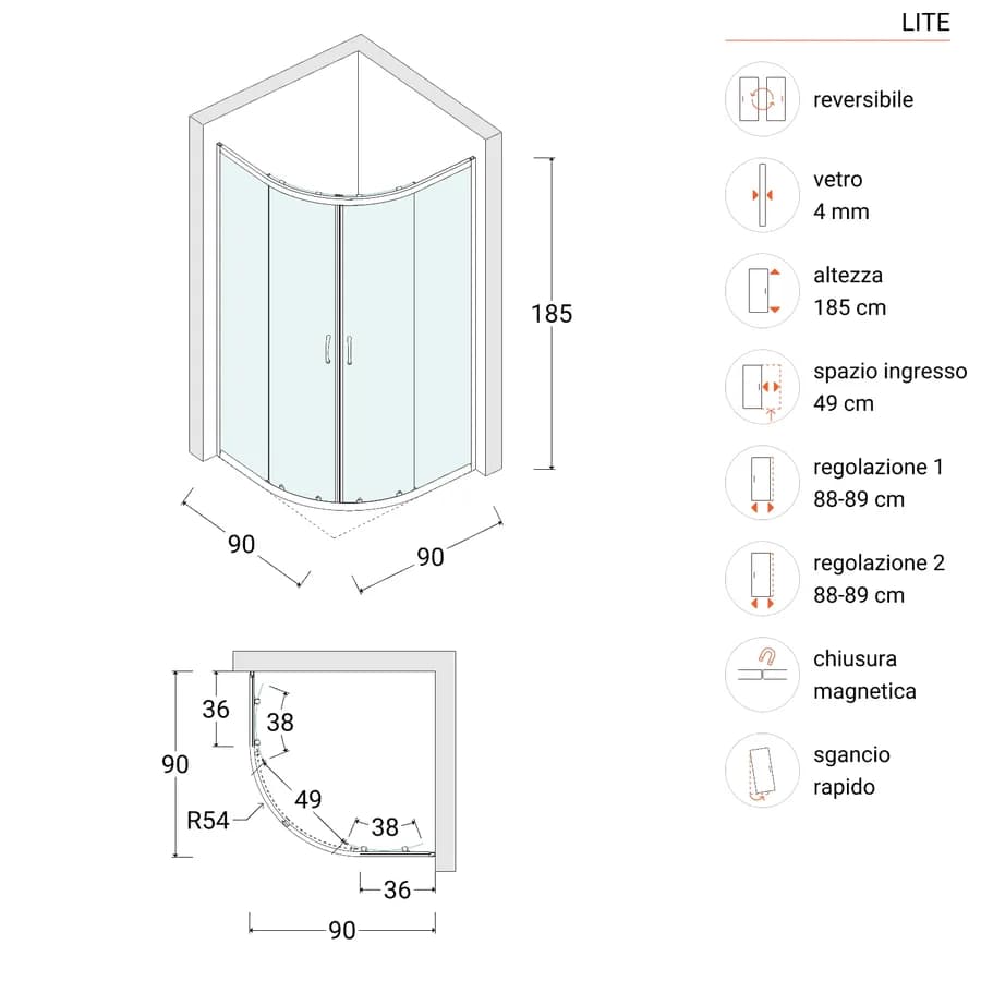 Box doccia 90X90 cm semicircolare scorrevole con vetro serigrafato e profilo bianco 185h - Lite