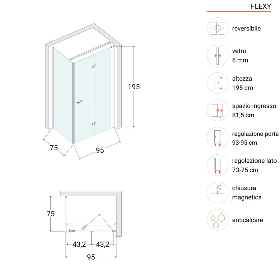 Box doccia 75x95 cm a soffietto vetro anticalcare trasparente profilo cromo 195h - Flexy