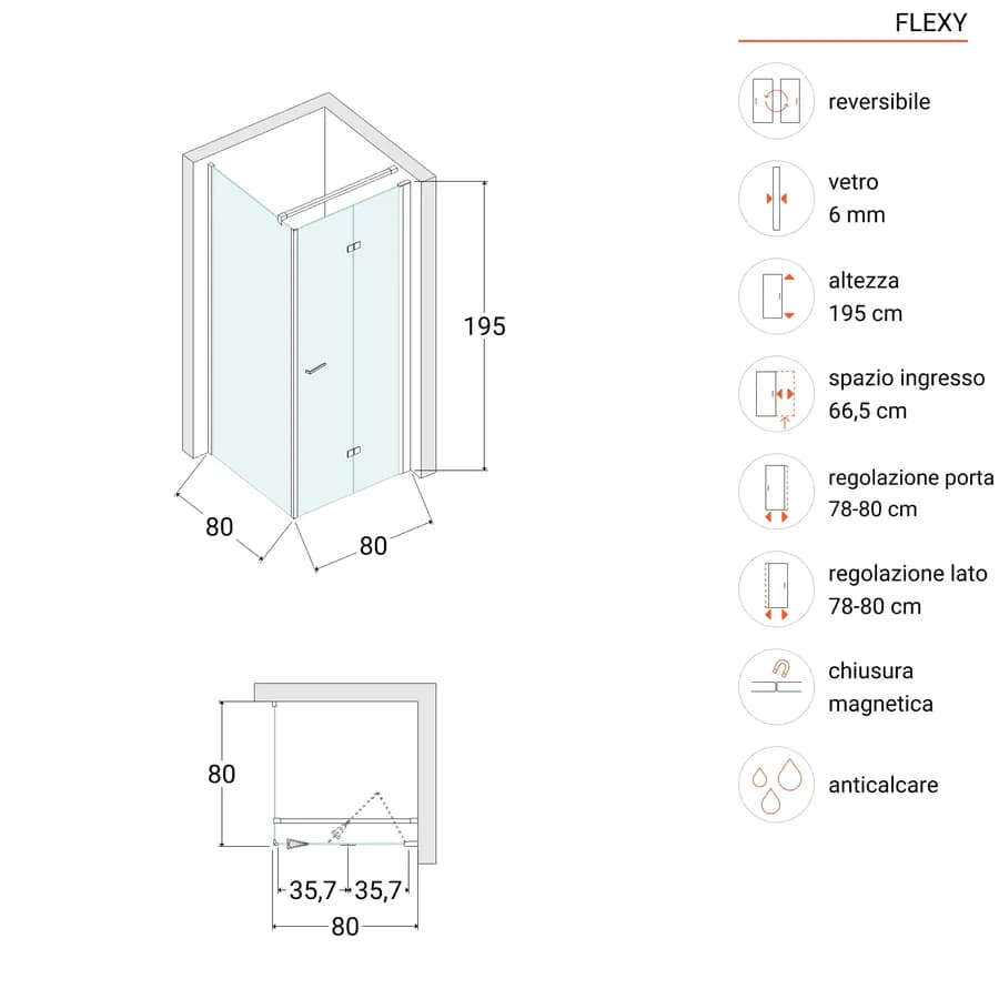 Box doccia 80x80 cm a soffietto vetro anticalcare trasparente profilo cromo 195h - Flexy