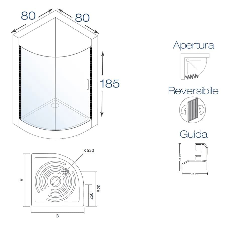 Box doccia a soffietto cabina 80x80 cm semicircolare stondata apertura reversibile