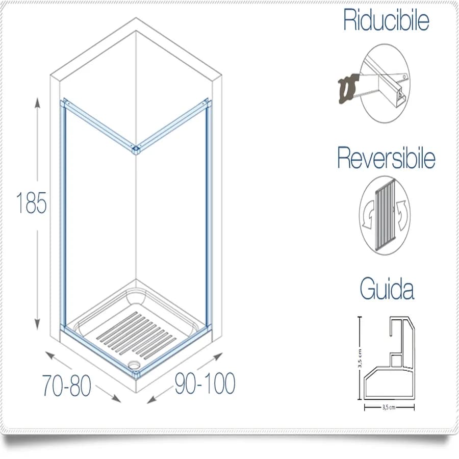 Box doccia a soffietto rettangolare in acrilico 80x100 cm riducibile a 70x90 cm