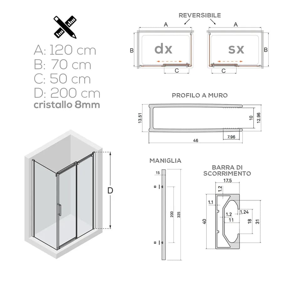 Box doccia 120x70 cm scorrevole in cristallo trasparente e profilo cromo 200h - Helios