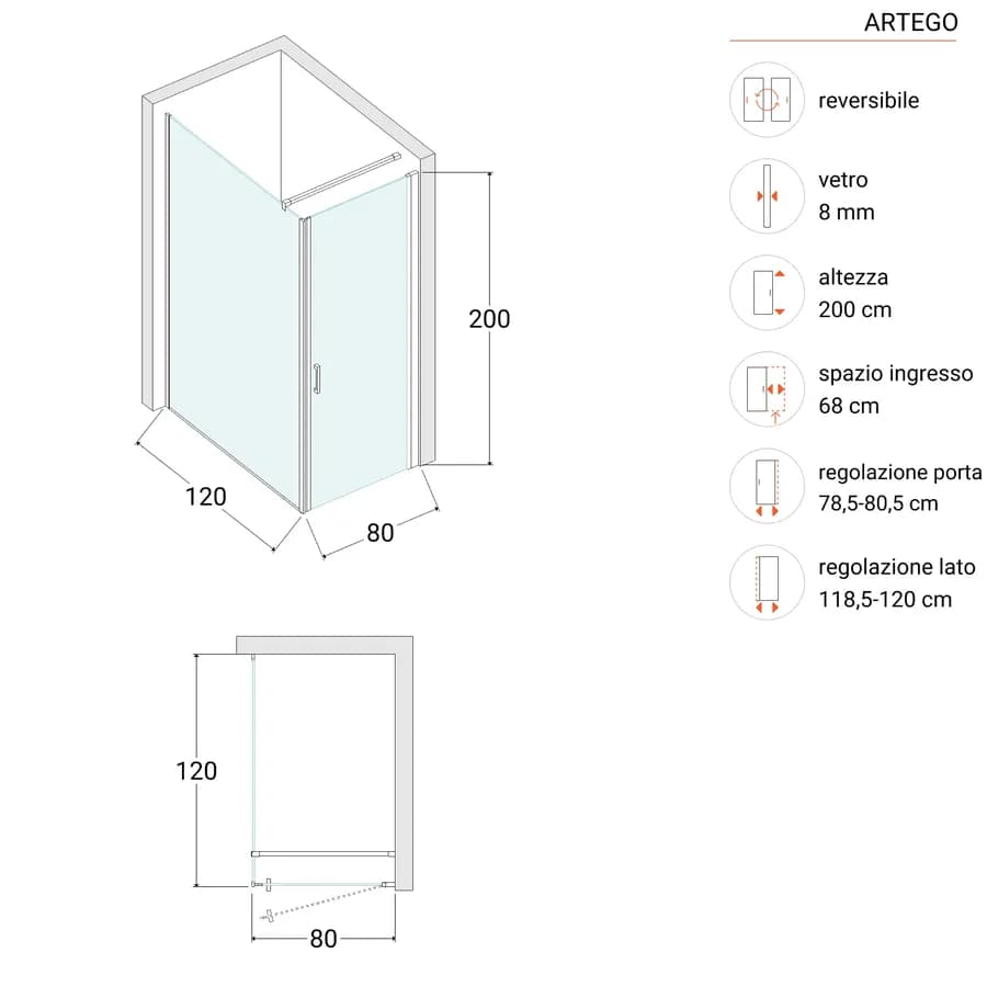 Box doccia 120X80 cm battente con vetro anticalcare trasparente e profilo cromo 200h - Artego