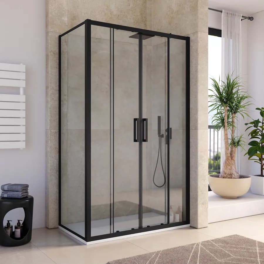 Box doccia angolare 65x125 cm scorrevole 4 ante anticalcare telaio nero - Naomi