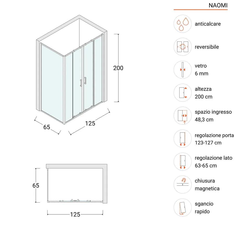 Box doccia angolare 65x125 cm scorrevole 4 ante anticalcare telaio nero - Naomi