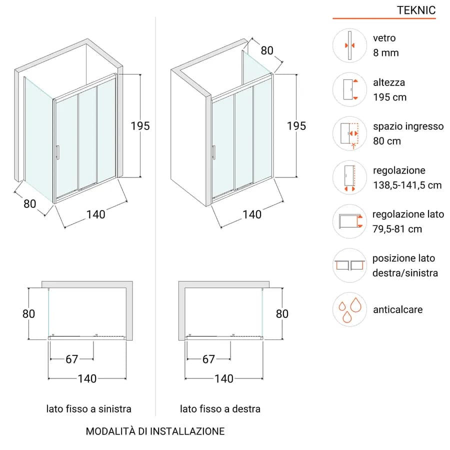 Box doccia 140x80 cm scorrevole verso dx 3 ante anticalcare opaco e profilo cromo 195h - Teknic