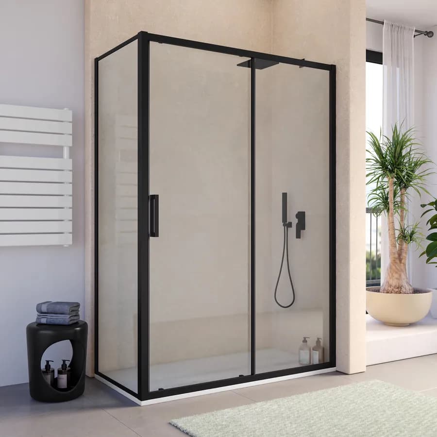 Box doccia angolare 65x145 cm scorrevole anticalcare telaio nero - Naomi