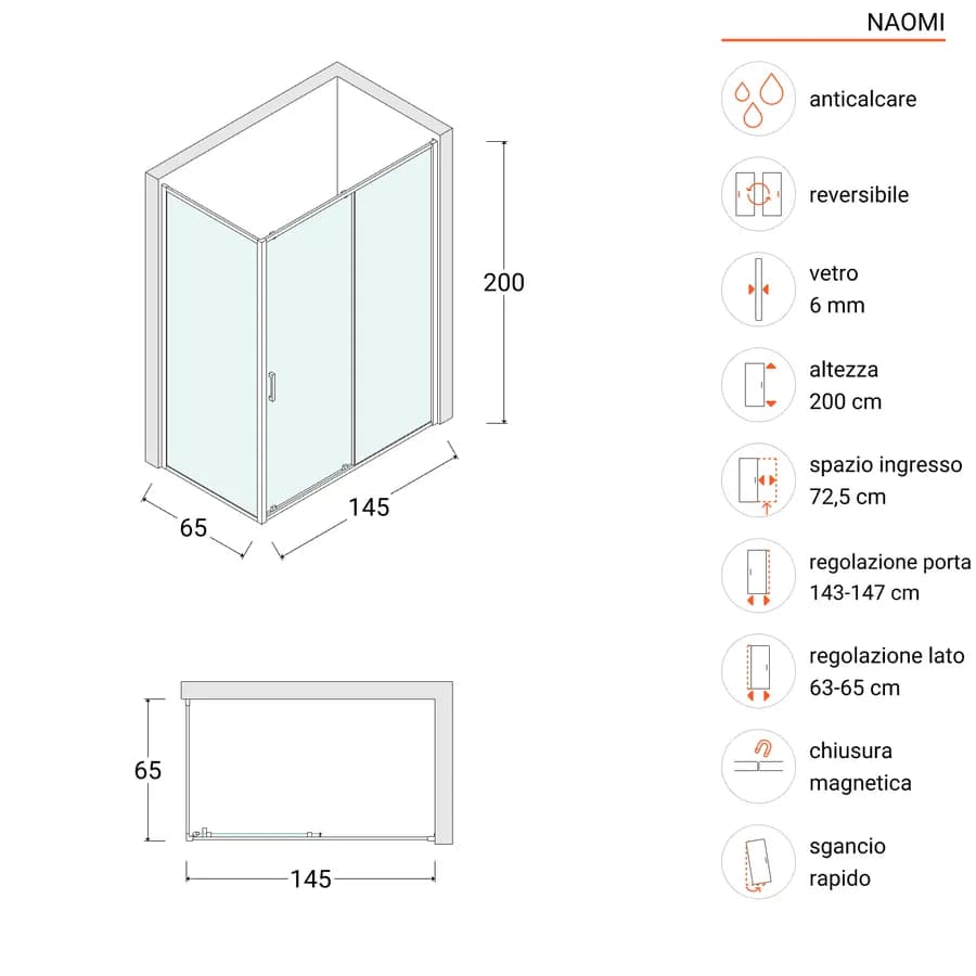 Box doccia angolare 65x145 cm scorrevole anticalcare telaio nero - Naomi