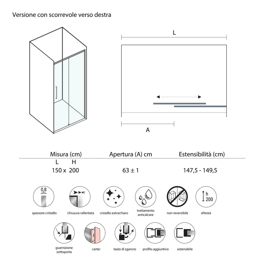 Box doccia angolare 150x90 cm scorrevole dx cristallo anticalcare 200h cromo - Garbo