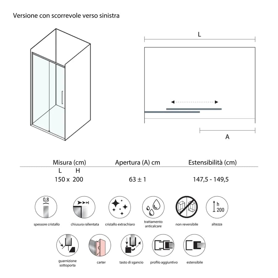 Box doccia angolare 150x90 cm scorrevole sx cristallo anticalcare 200h cromo - Garbo