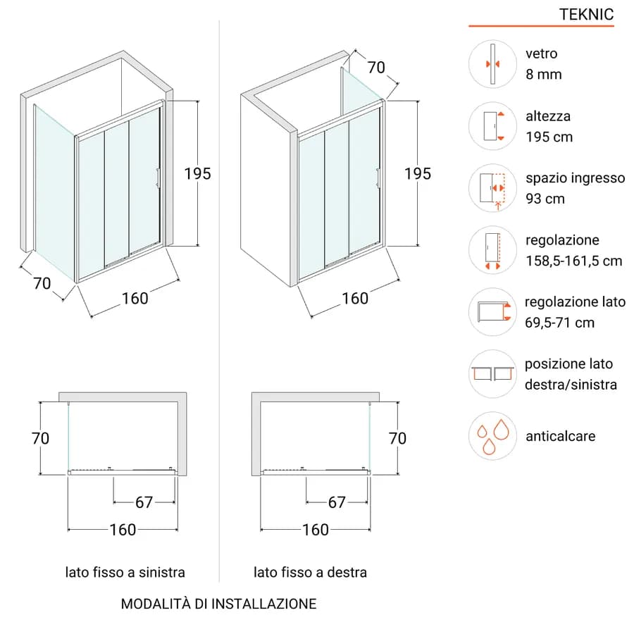 Box doccia 160x70 cm scorrevole verso sx 3 ante anticalcare opaco e profilo cromo 195h - Teknic