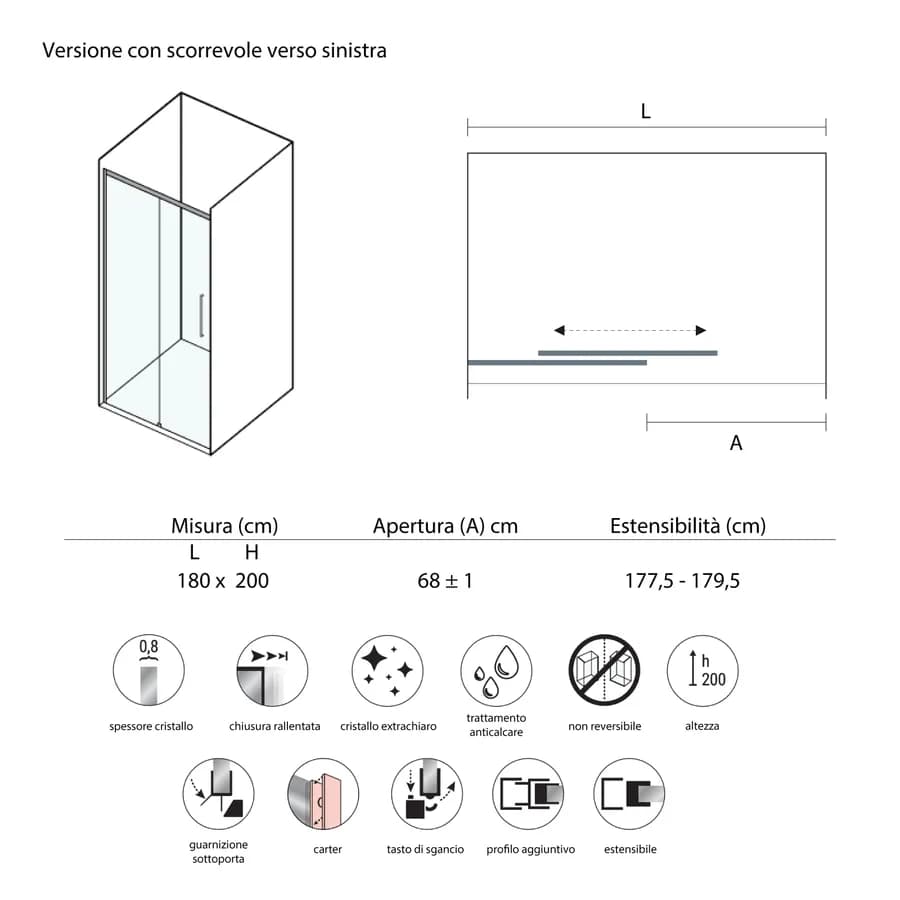 Box doccia angolare 180x90 cm scorrevole sx cristallo anticalcare 200h cromo - Garbo