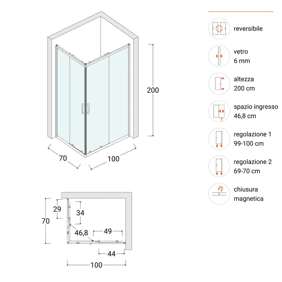 Box doccia 70x100 cm angolare scorrevole con vetro trasparente e profilo cromo 200h - Skin