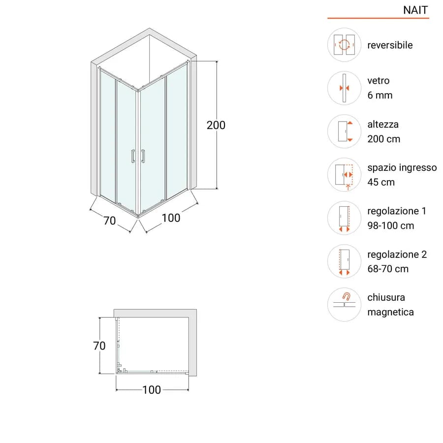 Box doccia angolare 70x100 cm scorrevole trasparente telaio nero - Nait