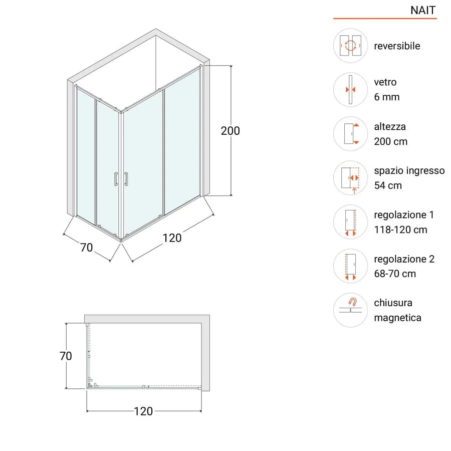 Box doccia angolare 70x120 cm scorrevole trasparente telaio nero - Nait