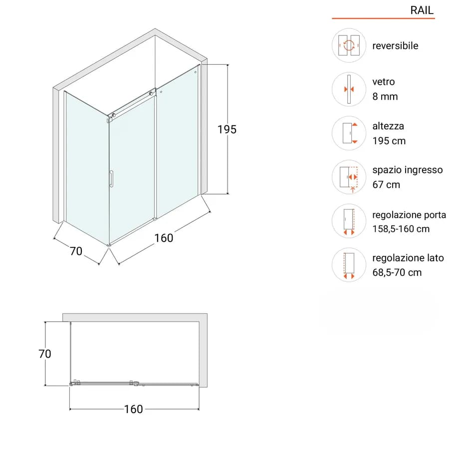 Box doccia 70x160 cm scorrevole vetro anticalcare trasparente profilo cromo 195h - Rail