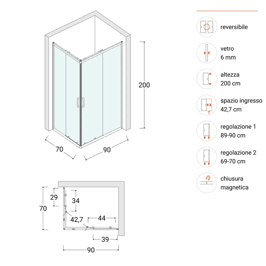 Box doccia 70x90 cm angolare scorrevole con vetro trasparente e profilo cromo 200h - Skin