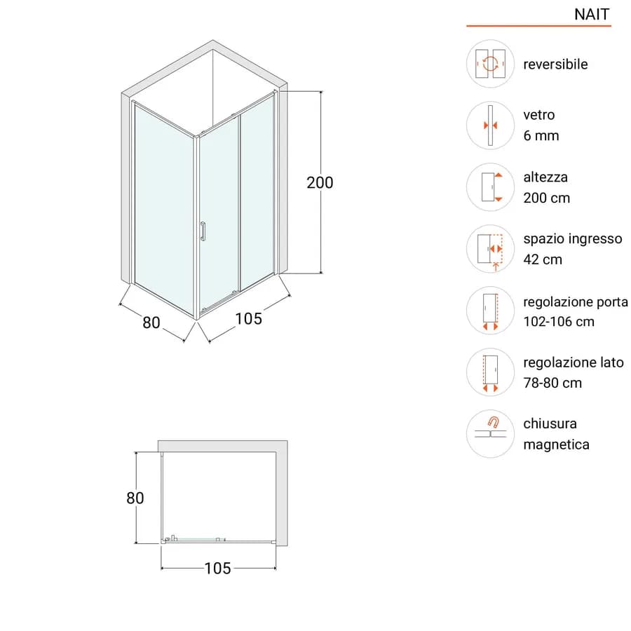 Box doccia angolare 80x105 cm scorrevole trasparente telaio nero - Nait