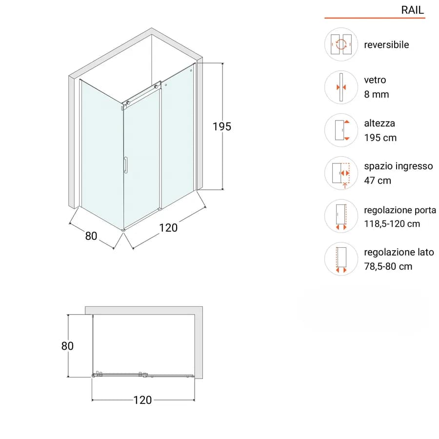 Box doccia 80x120 cm scorrevole vetro anticalcare trasparente profilo nero opaco 195h - Rail