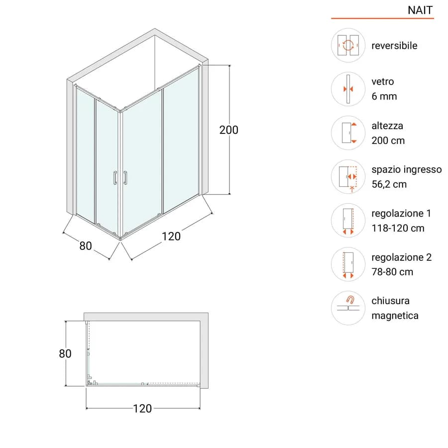 Box doccia angolare 80x120 cm scorrevole trasparente telaio nero - Nait