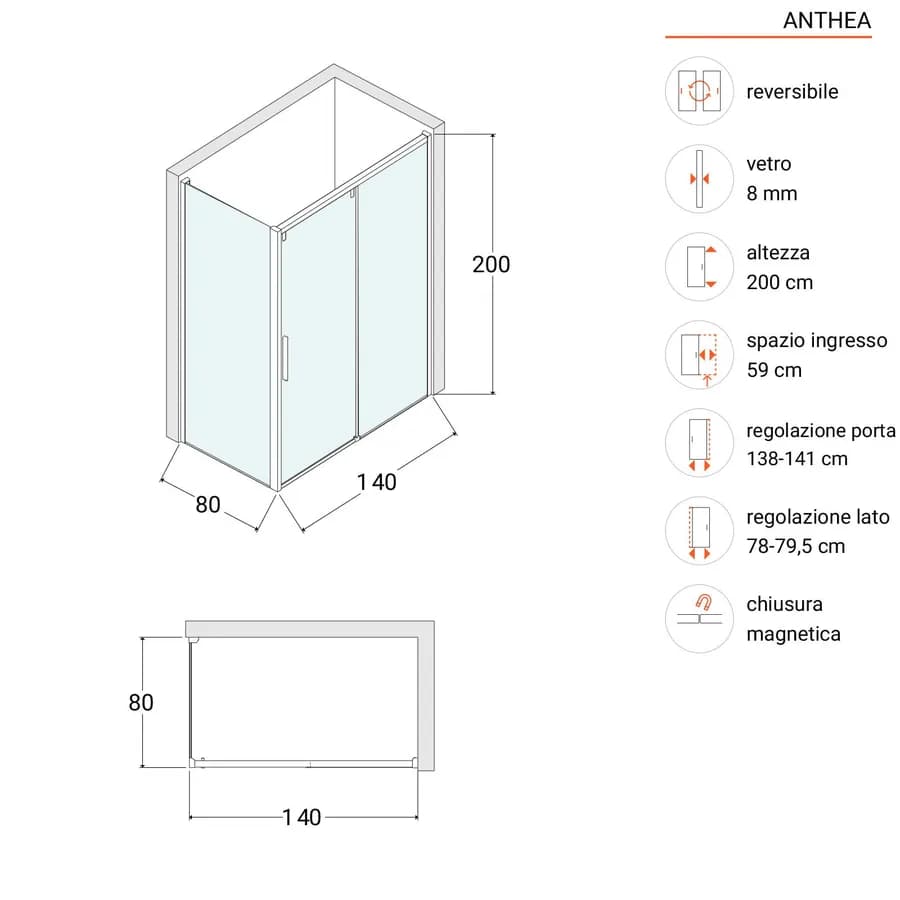 Box doccia 80x140 cm scorrevole SoftClose 8mm anticalcare 200h - Anthea