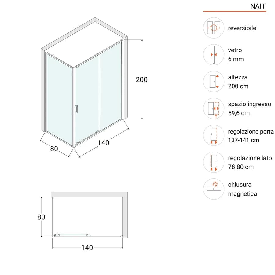Box doccia angolare 80x140 cm scorrevole trasparente telaio nero - Nait