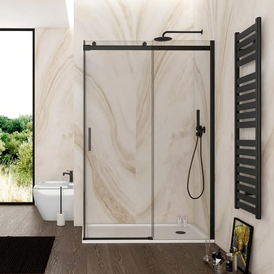 Box doccia 90x130 cm scorrevole vetro anticalcare trasparente profilo nero opaco 195h - Rail