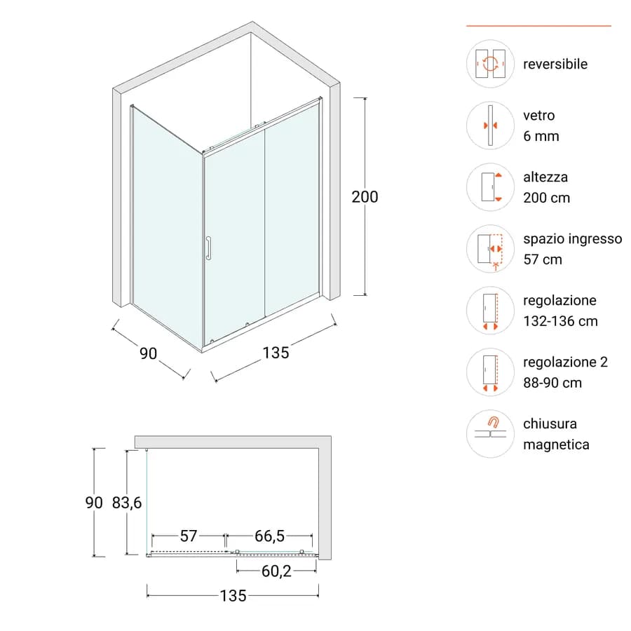 Box doccia 90x135 cm scorrevole con vetro stampato e profilo cromo 200h - Skin
