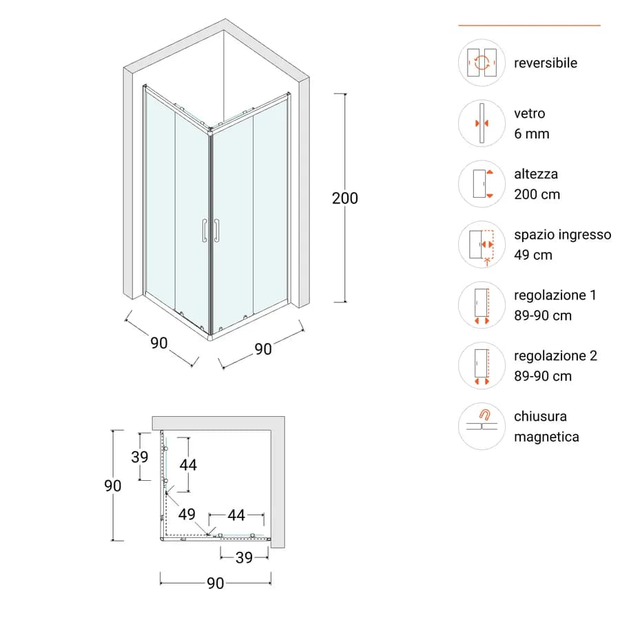 Box doccia 90x90 cm angolare scorrevole con vetro trasparente e profilo cromo 200h - Skin