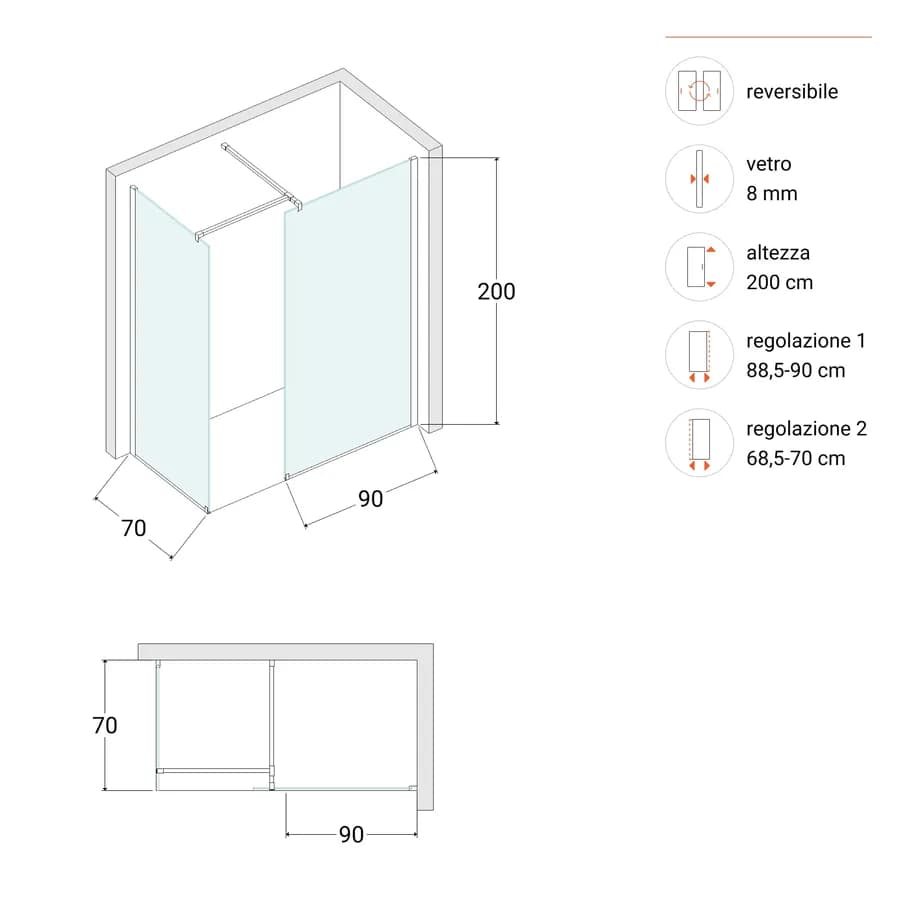 Box doccia angolare cm 70x90 reversibile vetro temperato anticalcare 200h - Keep
