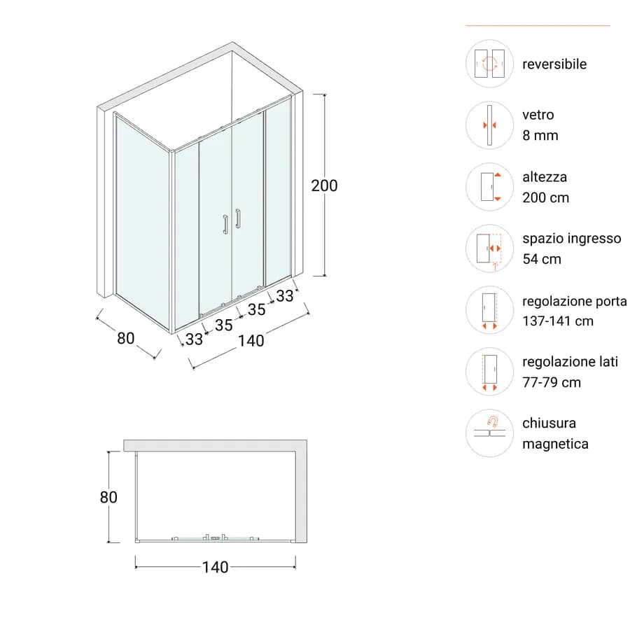 Box doccia angolare doppio scorrevole 140x80 cm in cristallo anticalcare - Garbo