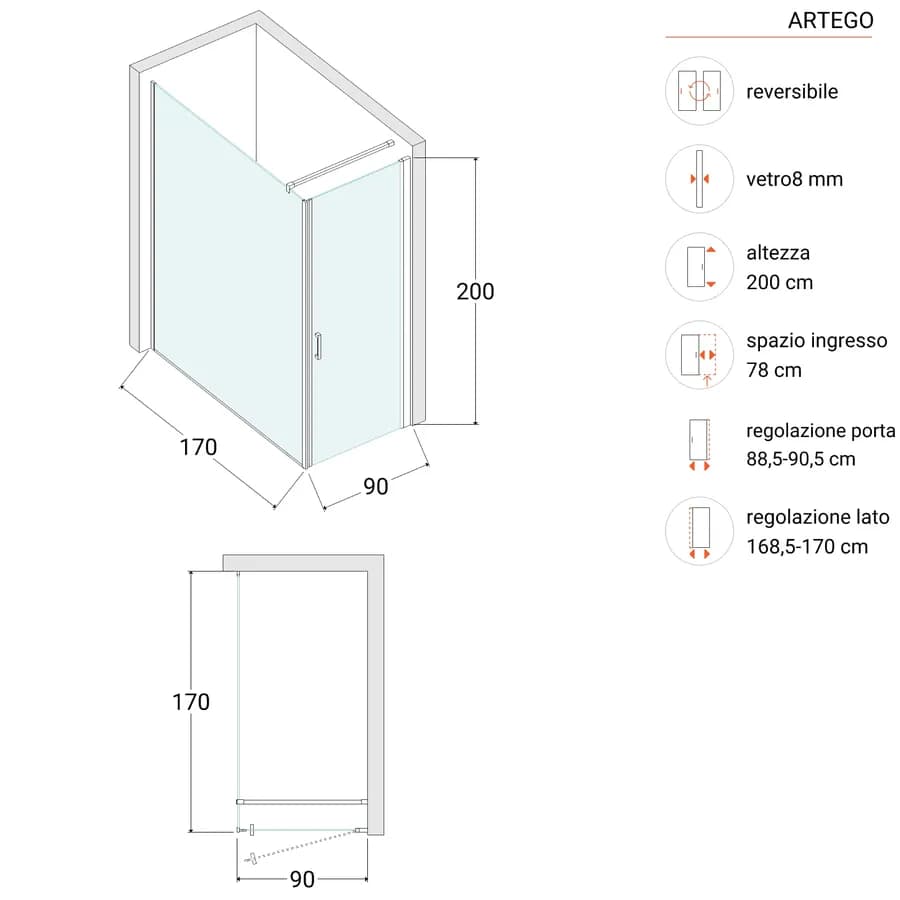 Box doccia 170X90 cm battente con vetro anticalcare trasparente e profilo cromo 200h - Artego