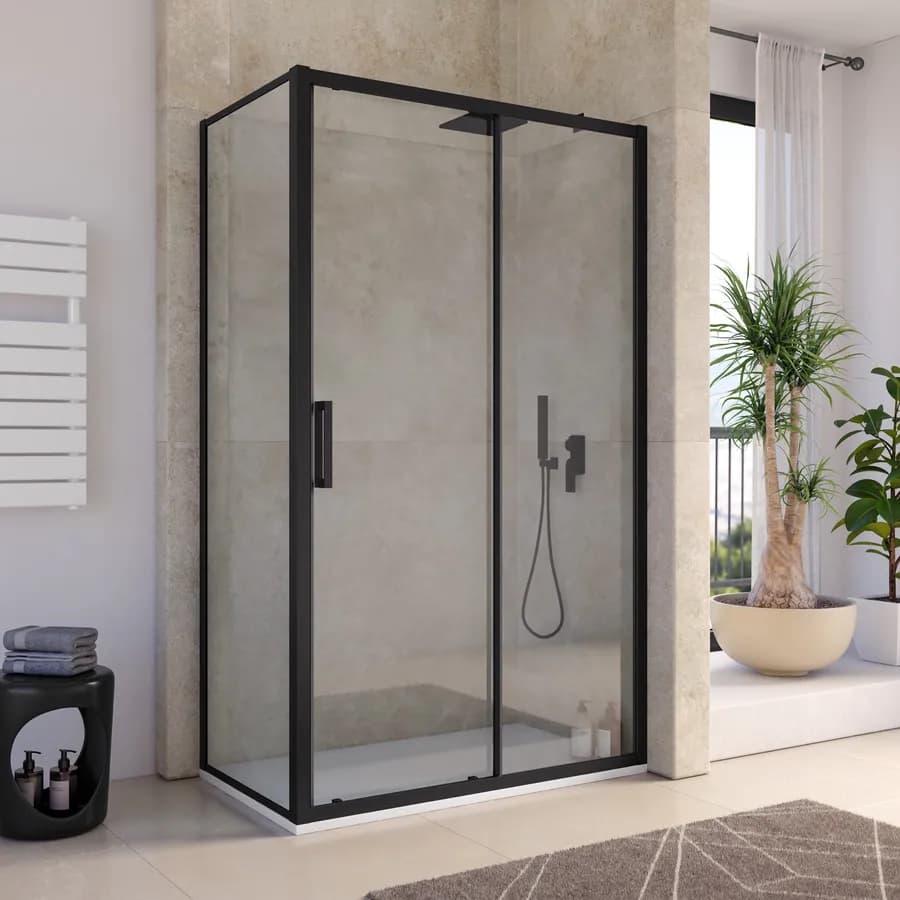 Box doccia angolare nero 70x100 cm porta scorrevole + lato fisso trasparente 200h cm anticalcare - Naomi
