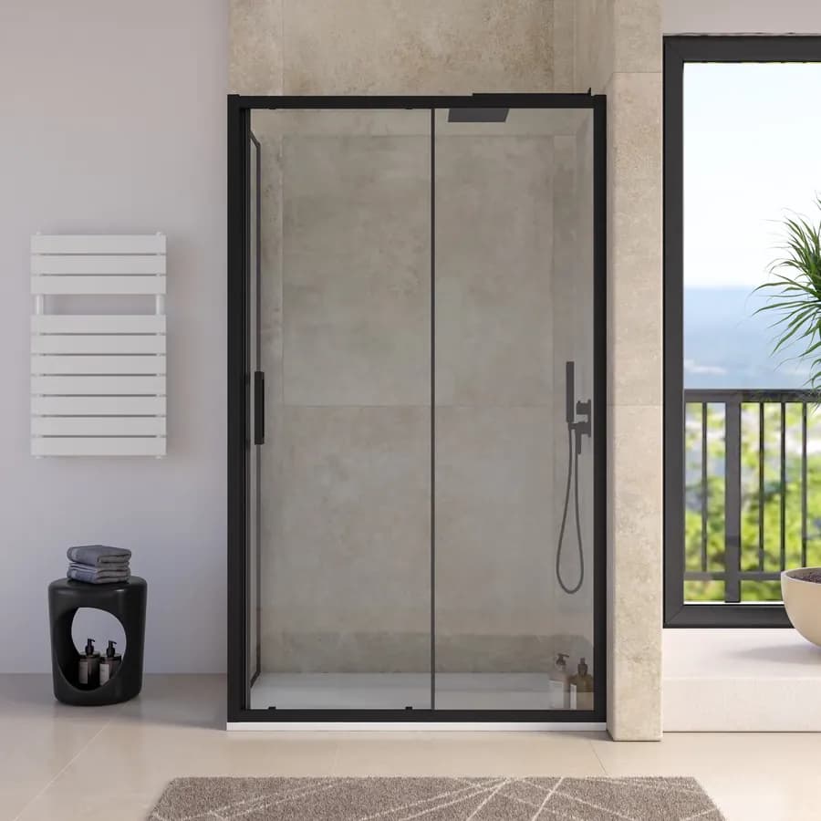 Box doccia angolare nero 70x100 cm porta scorrevole + lato fisso trasparente 200h cm anticalcare - Naomi