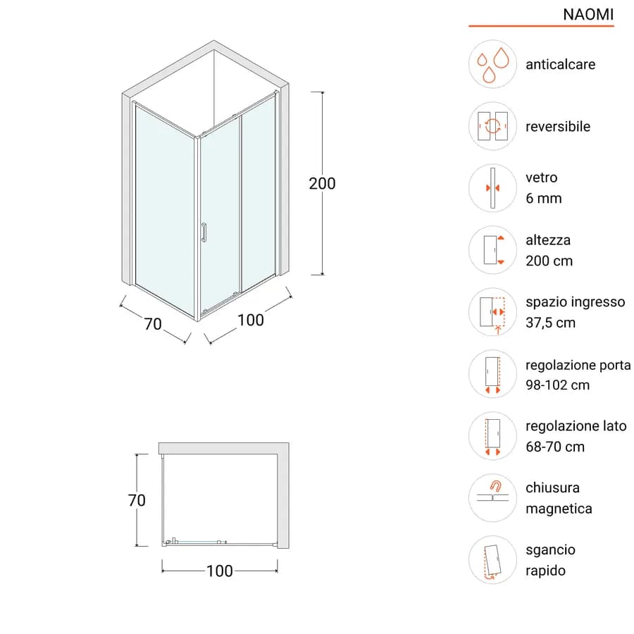 Box doccia angolare nero 70x100 cm porta scorrevole + lato fisso trasparente 200h cm anticalcare - Naomi