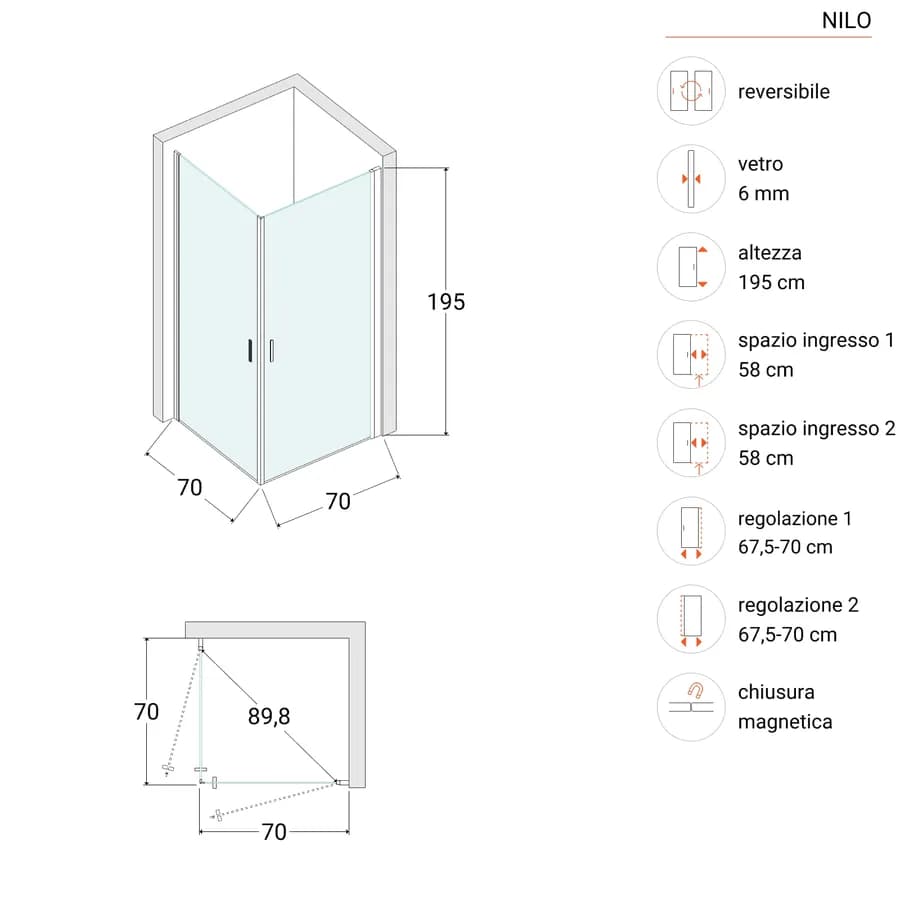 Box doccia 70x70 cm doppio battente con vetro temperato trasparente e profilo cromo 195h - Nilo