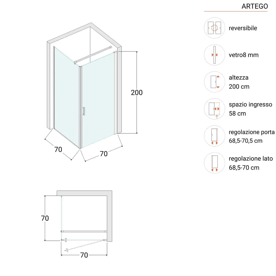 Box doccia 70X70 cm battente con vetro anticalcare trasparente e profilo cromo 200h - Artego