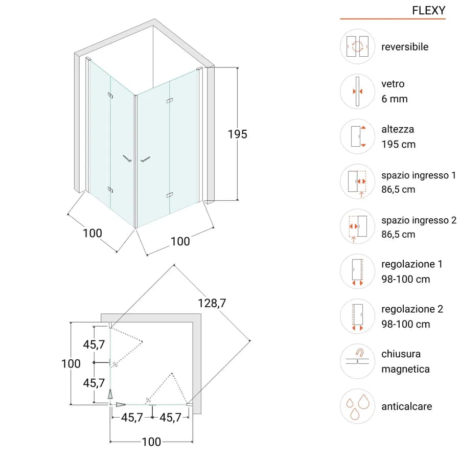 Box doccia 100x100 cm doppio soffietto vetro anticalcare trasparente profilo cromo 195h - Flexy