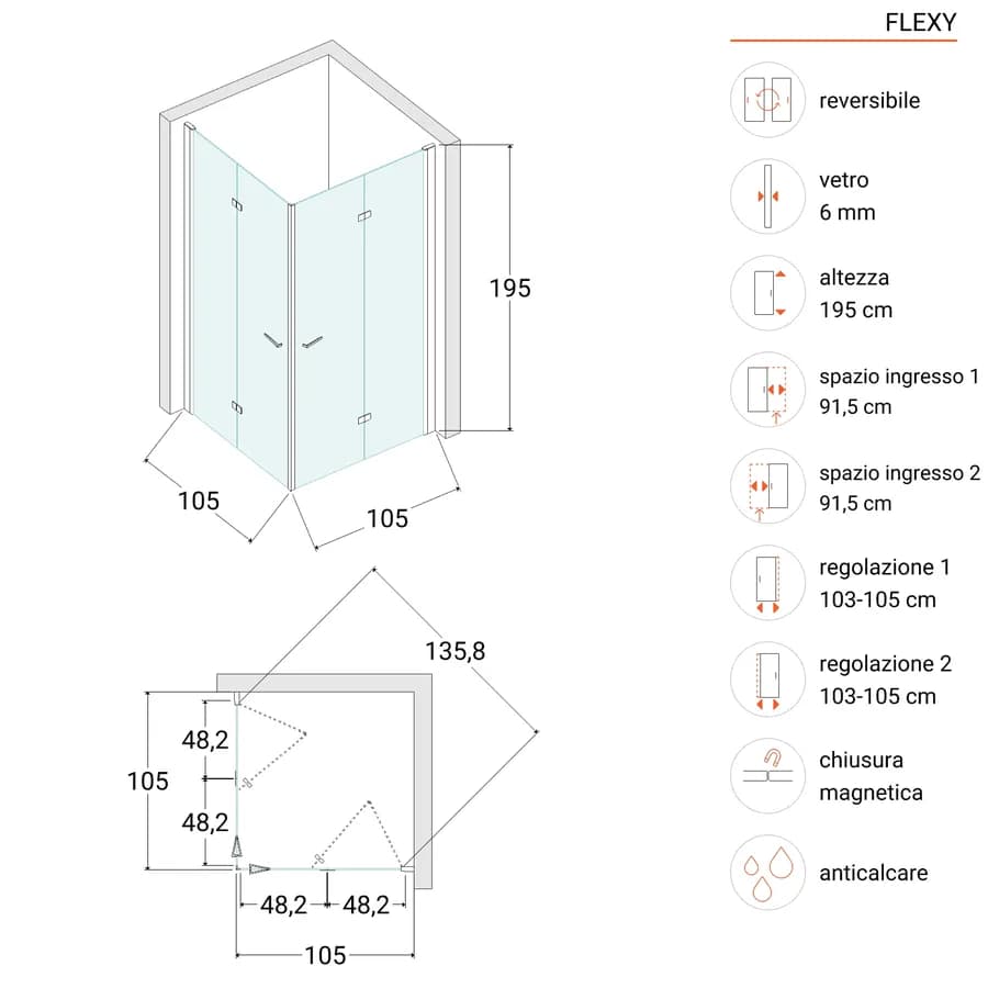 Box doccia 105x105 cm doppio soffietto vetro anticalcare trasparente profilo cromo 195h - Flexy