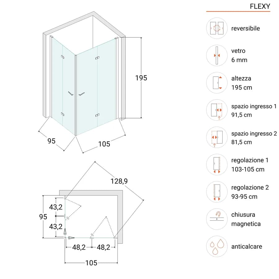 Box doccia 95x105 cm doppio soffietto in vetro temperato 6mm trasparente anticalcare 195h - Flexy